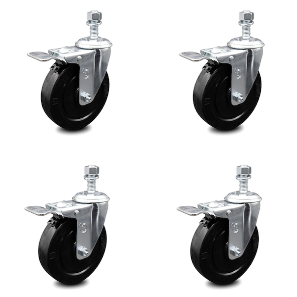 5 Inch Soft Rubber Wheel Swivel 10mm Stem Caster Set with Total Lock Brake